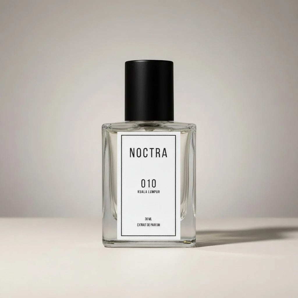 NOCTRASCENTSH NOCTRA 010 Extrait De Parfum clear glass bottle with black cap, minimalist label.